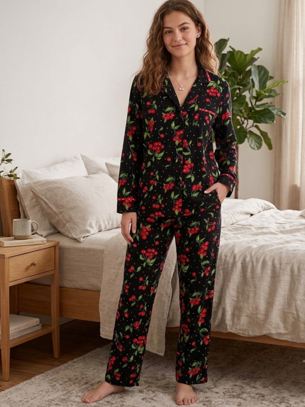 RETRO VINTAGE SLEEP TIGHT CHERRIES PRINT COTTON PAJAMAS SET ROCKABILLY CHERRY